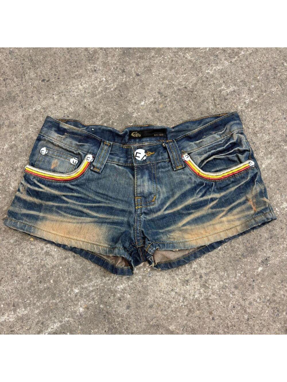 Vintage Y2K Low Rise Denim Micro Shorts Sandblasted Embroidered